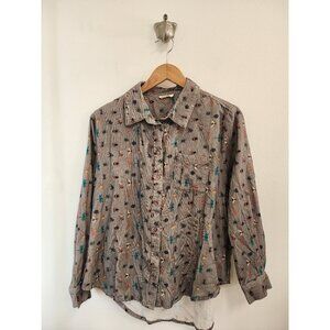 Mahila gray multicolor bug print velvet button up long sleeve shirt M